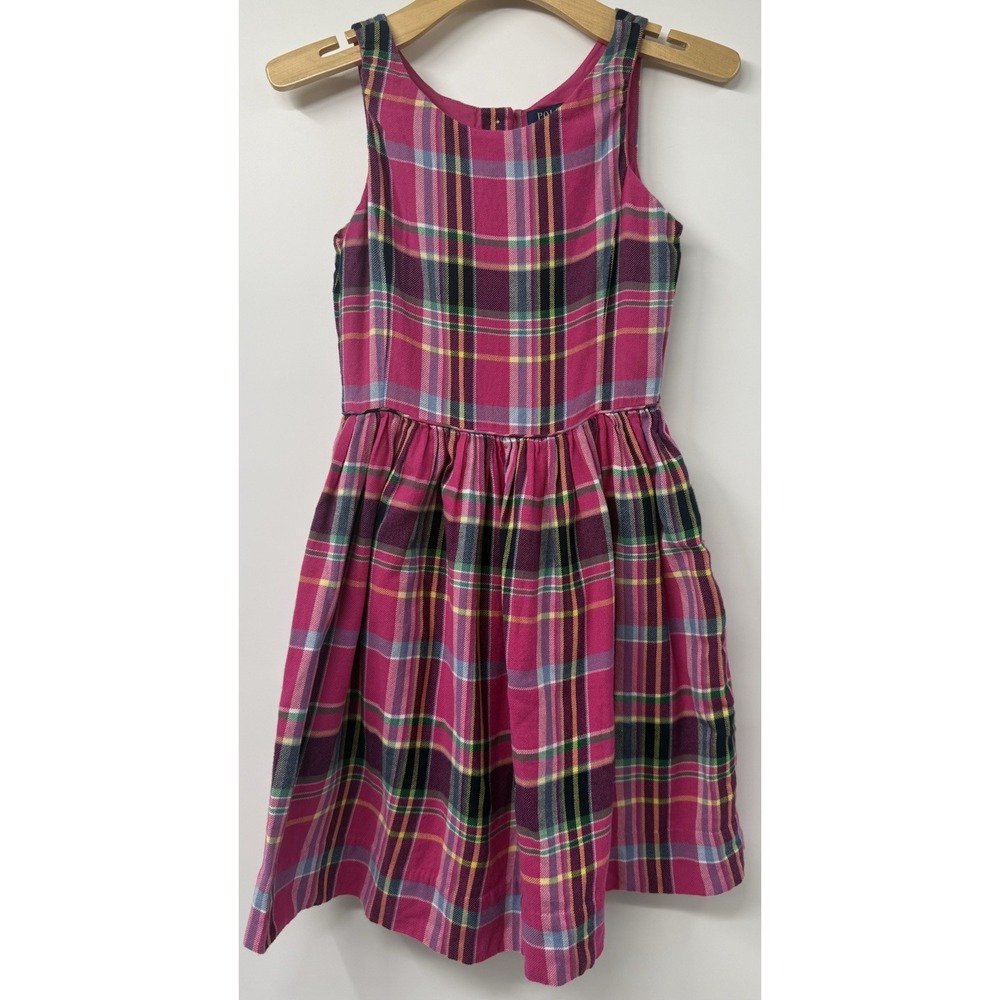Polo Ralph Lauren Girls Plaid Button up Pink Sleeve Flannel Dress SZ 12 Preppy